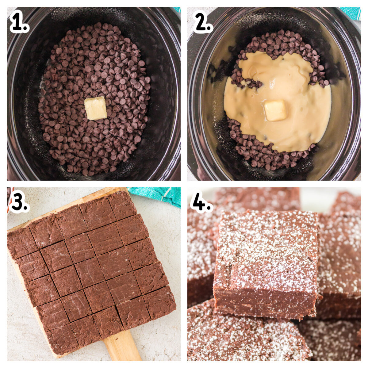 4 images showing how to make fudge in a slow cooker.