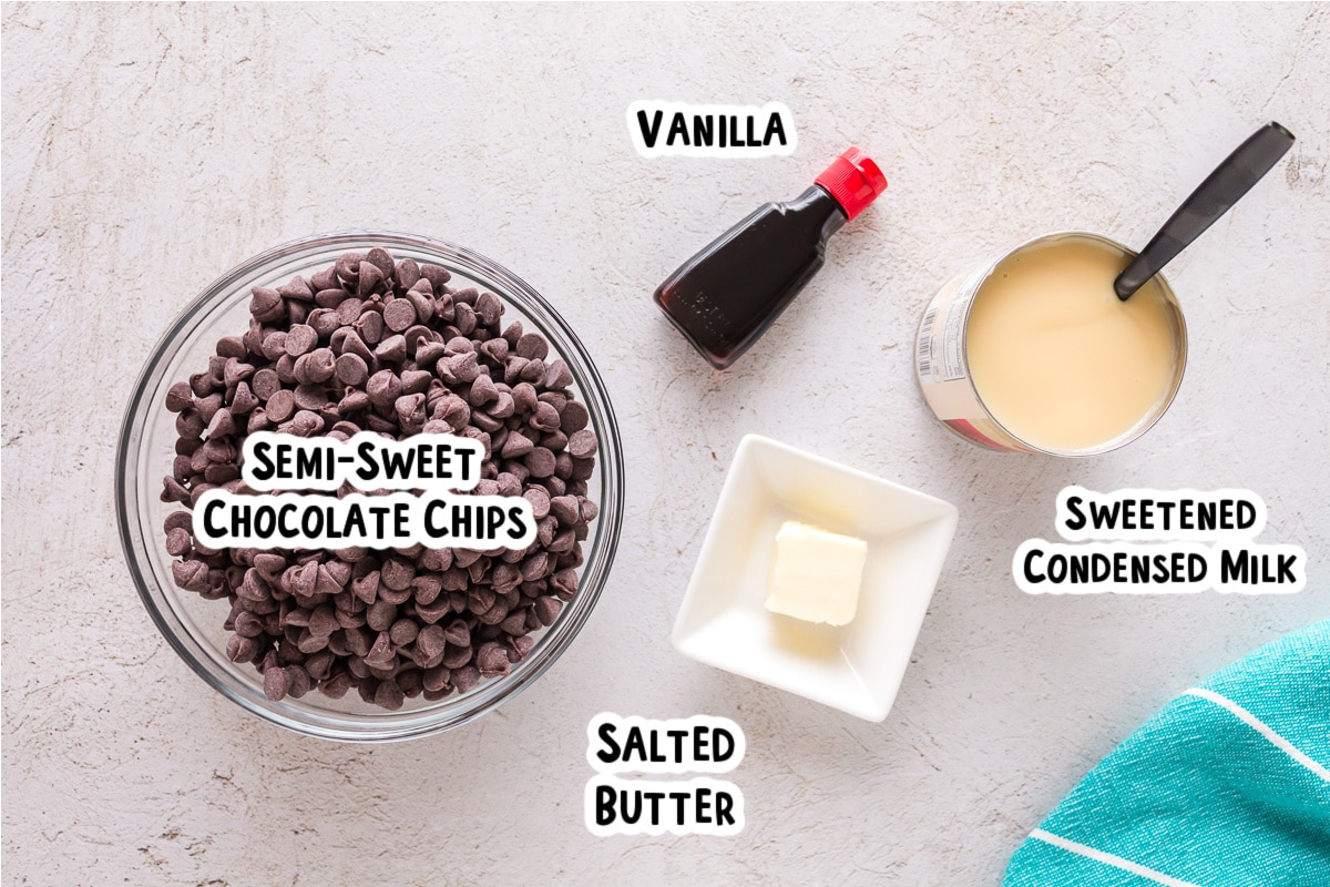 Ingredients for slow cooker fudge on a table.