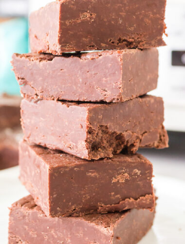 stack of slow cooker fudge.