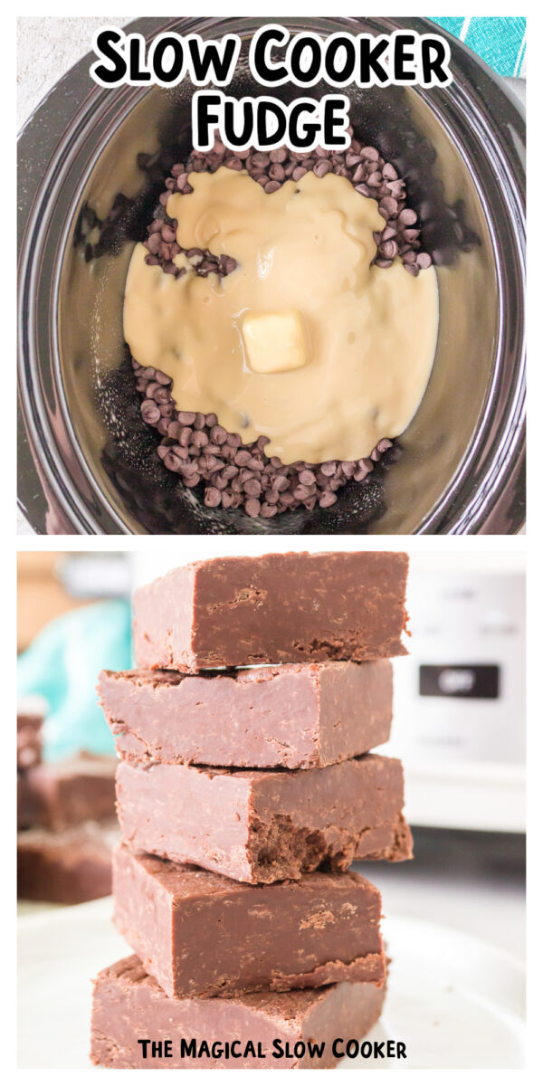 2 images of fudge in crockpot for pinterest.