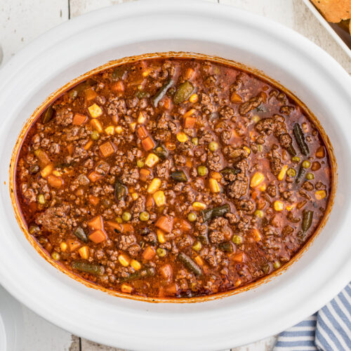 overhead shot of hamburger soup.