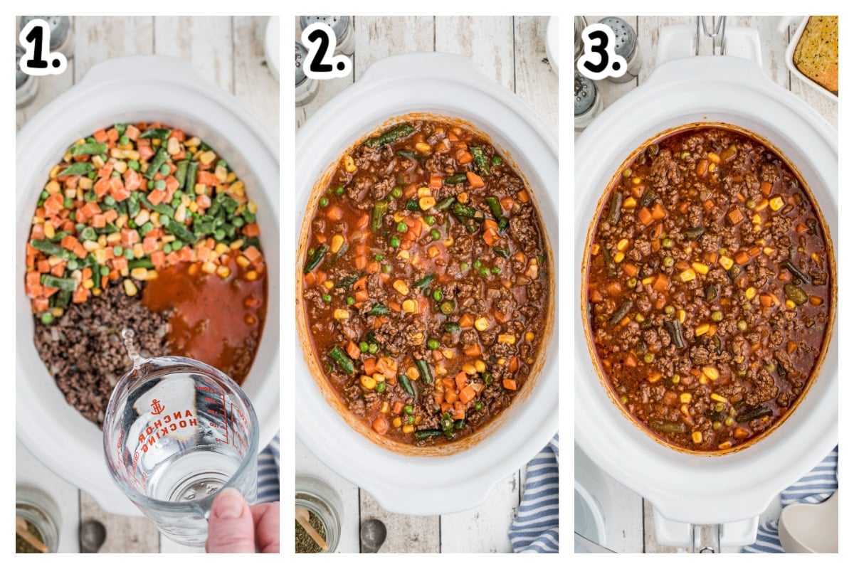 3 images showing how to cook hamburger soup in slow cooker.