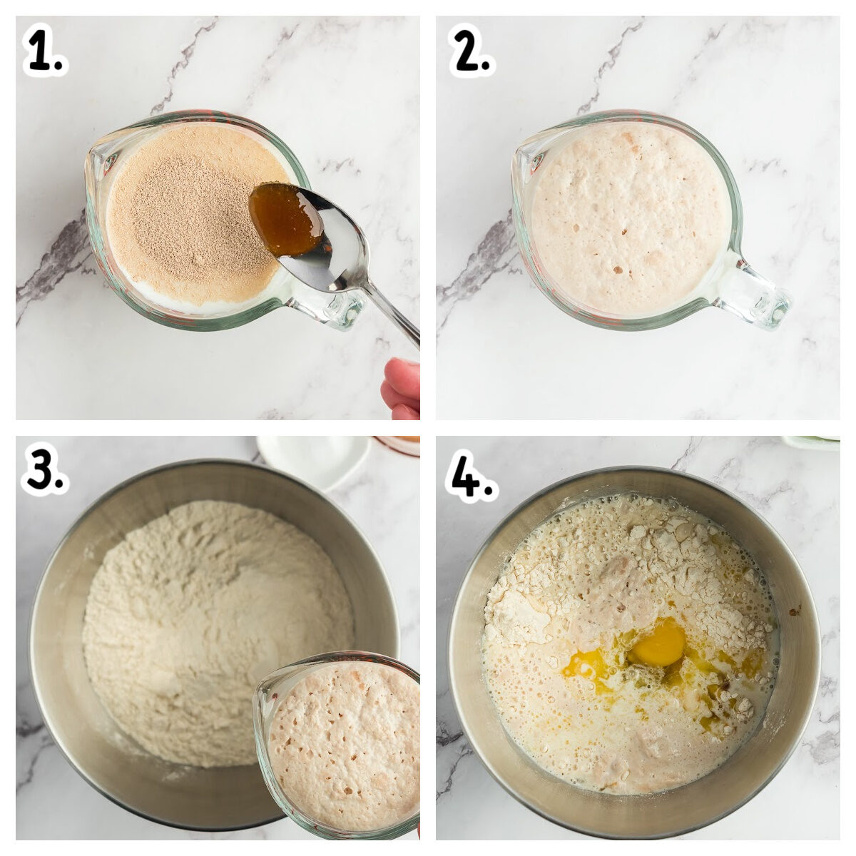 4 images showing how to start dough in bowl.