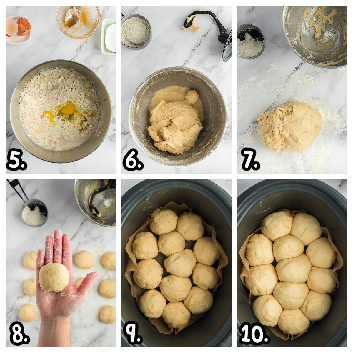 6 images showing how to finish making dough, making balls, rising and putting in slow cooker.