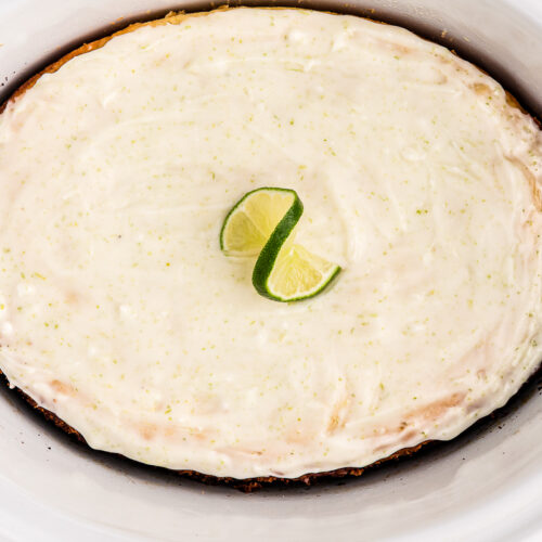 Close up of key lime cake in slow cooker.