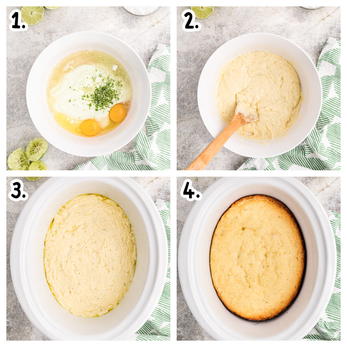 4 images showing how to make batter for cake and add to slow cooker.