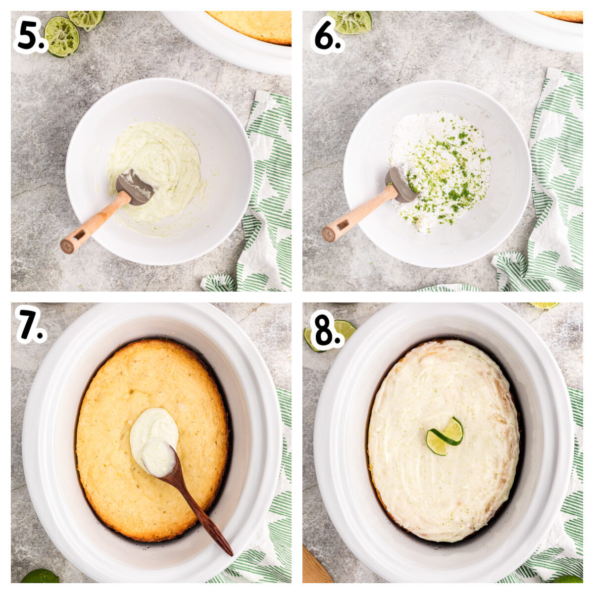 4 images on how to make lime glaze and top cake with it.