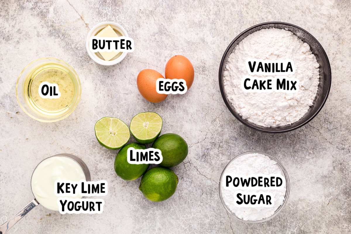 Ingredients for key lime cake on a table.
