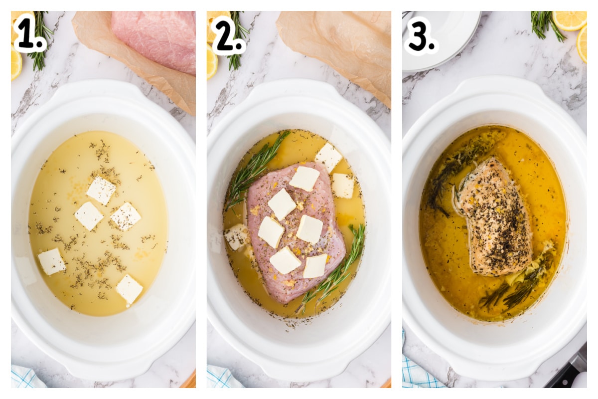 3 images showing how to make lemon herb turkey breast.