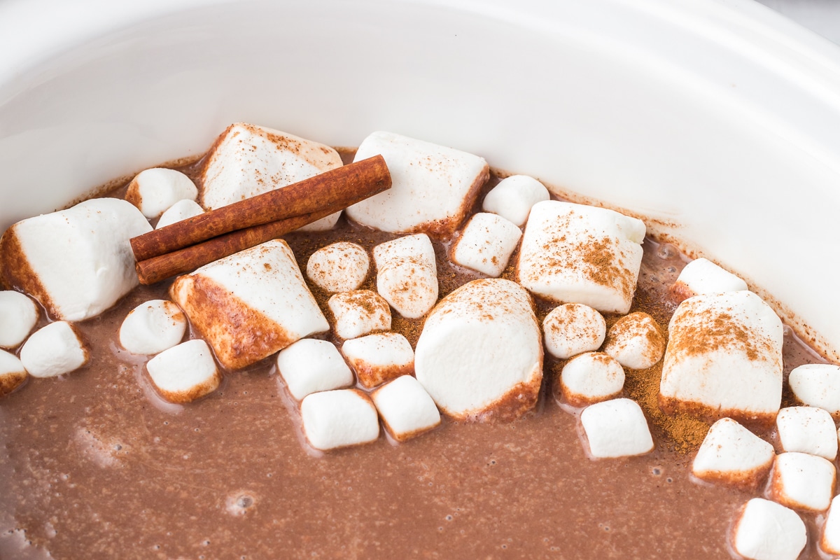 close up of marshamllows on mexican hot chocolate.