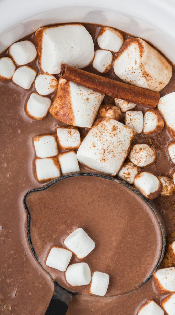 long image of mexican hot chocolate in a slow cooker.