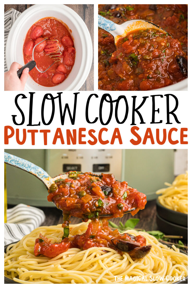 collage of puttanesca sauce images with text overlay for pinterest.