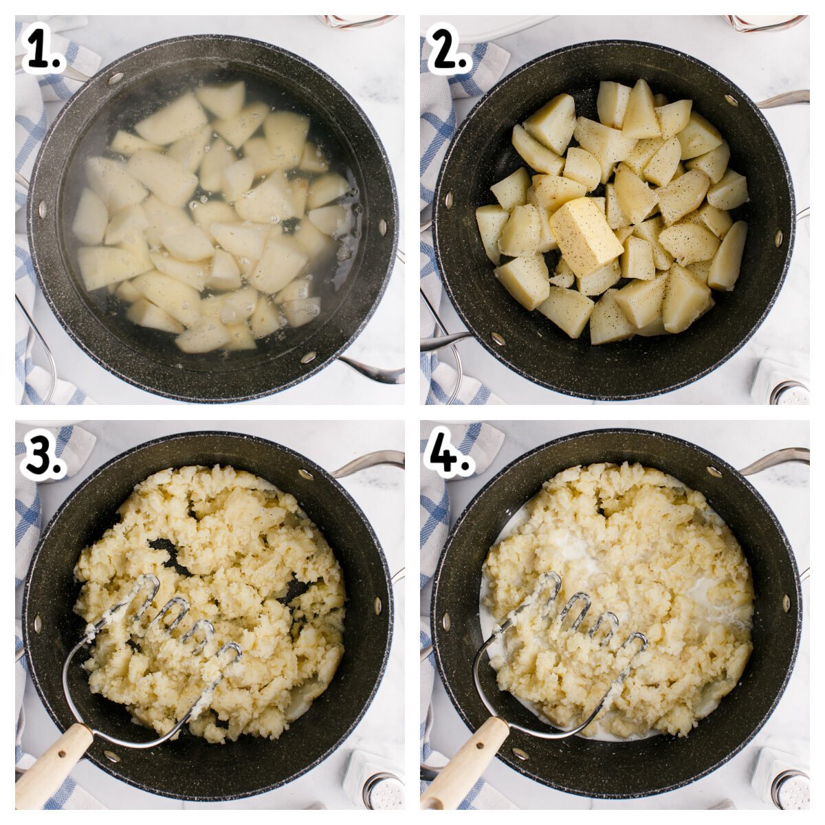4 images of how to make a small batch of mashed potatoes.