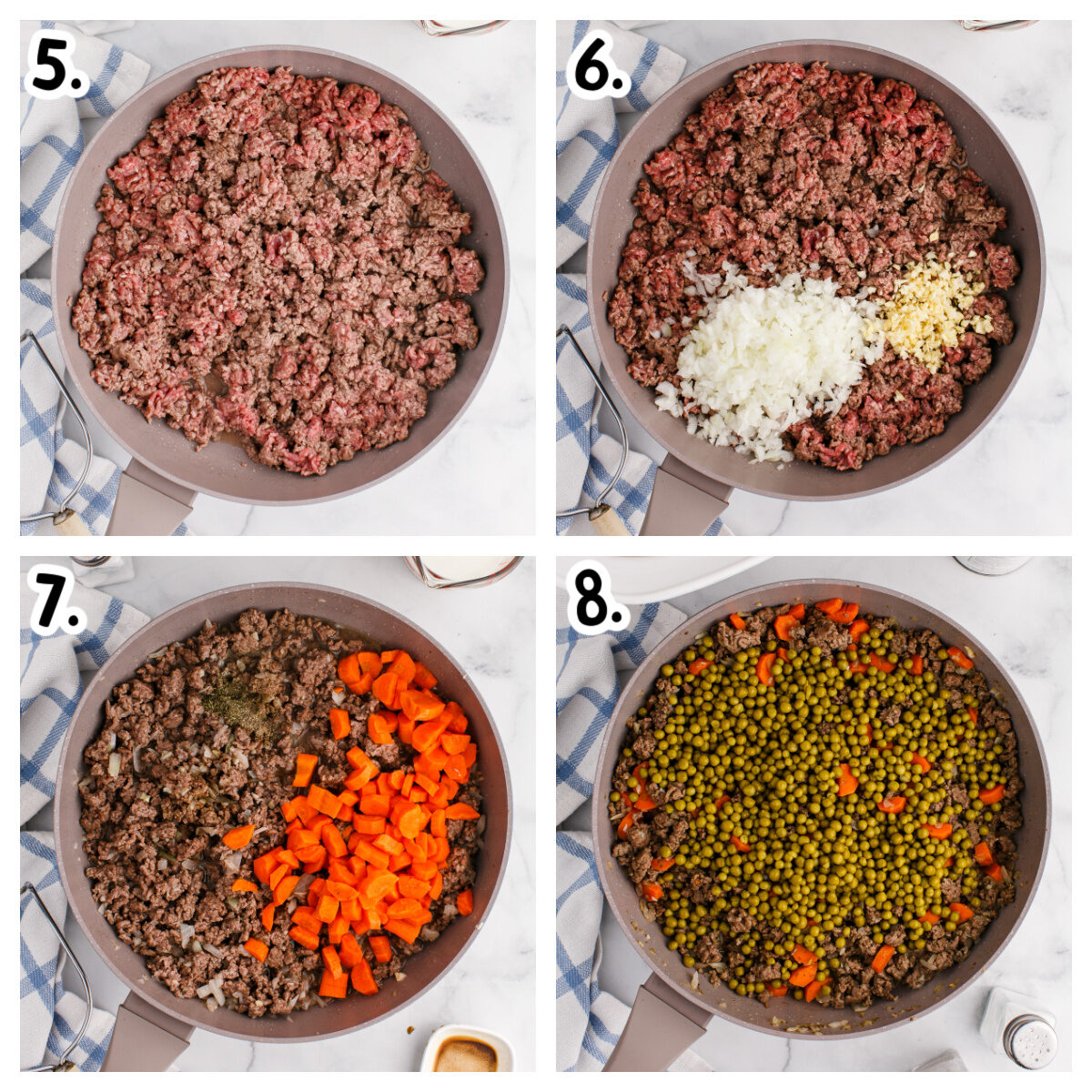 4 images showing how to make the meat filling for shepherd's pie.