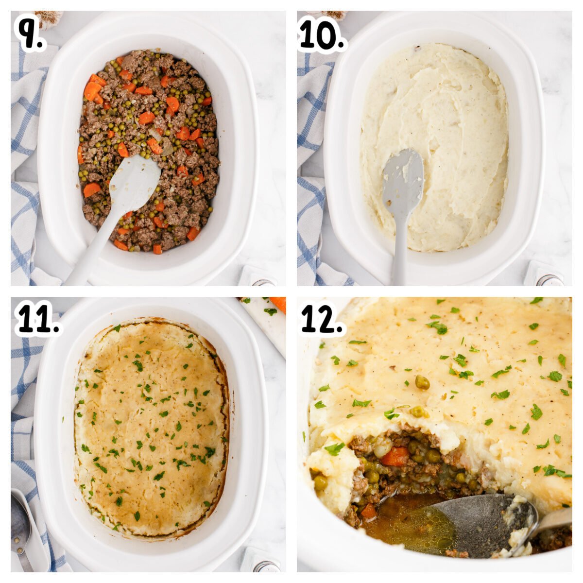 4 images showing how to assemble shepherd's pie in the crockpot.
