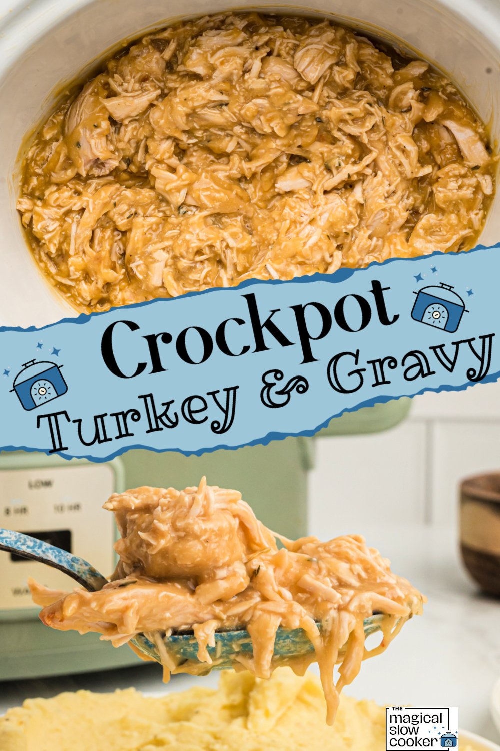 2 images of turkey and gravy in a crockpot.