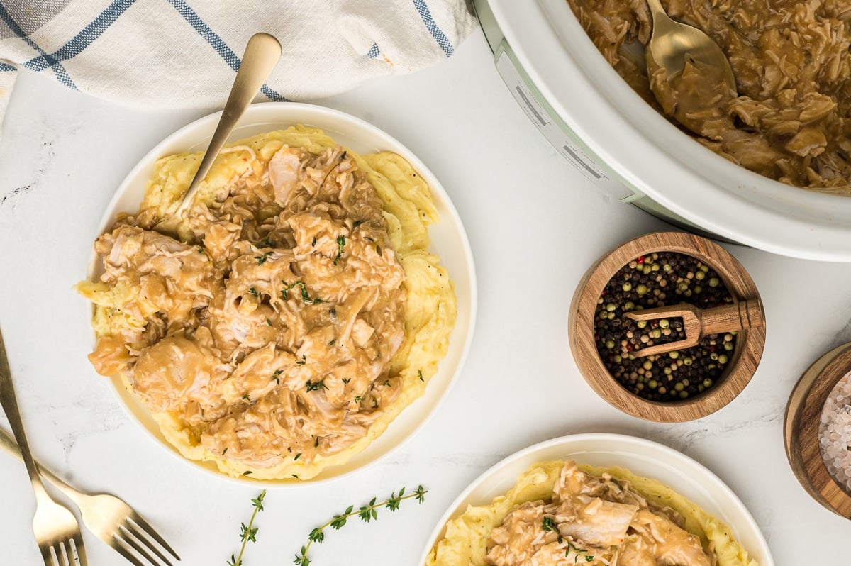 Overhead shot of turkey and gravy on a plate.