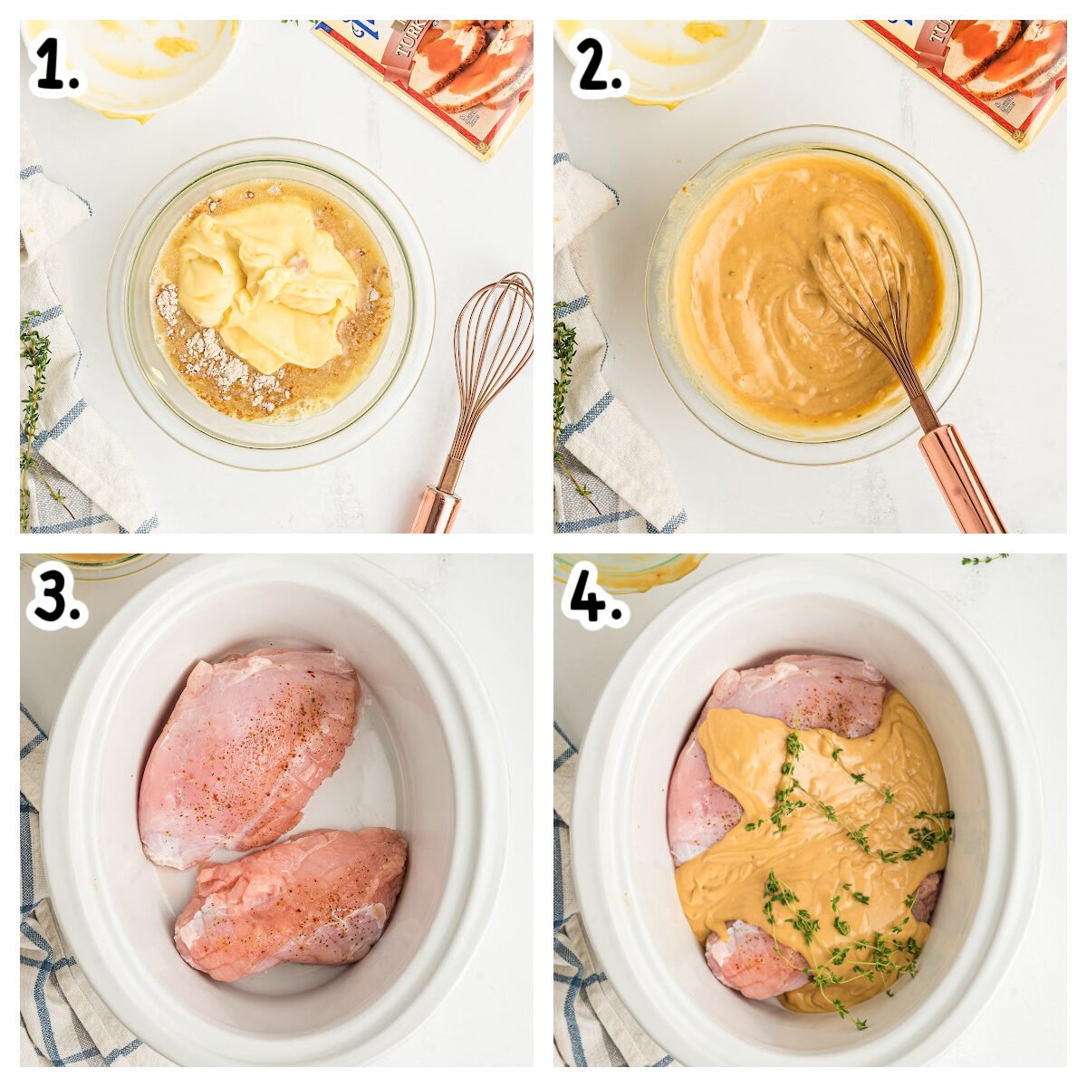 4 images showing how to mix sauce and pour of turkey in crockpot.