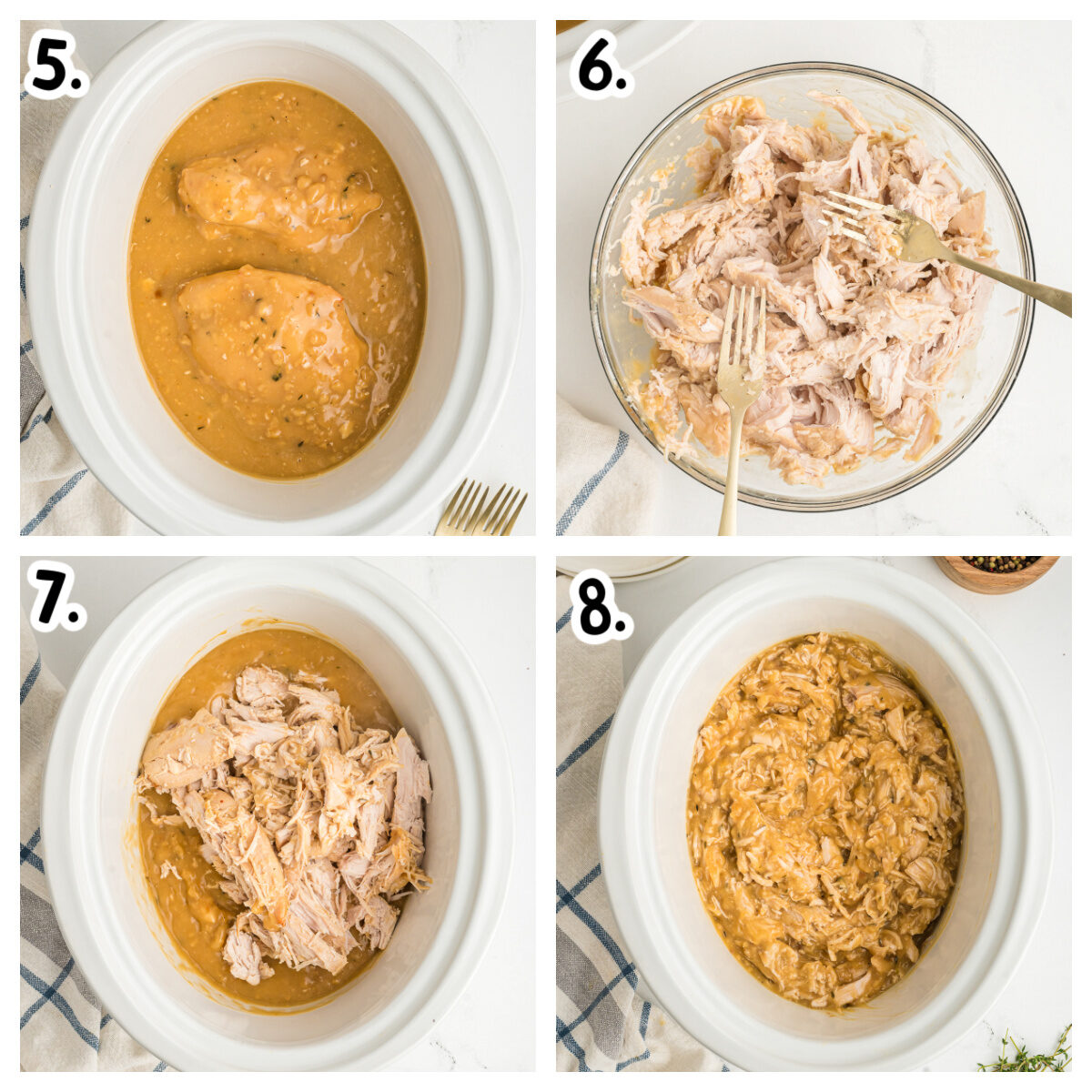 4 images showing done cooking turkey and how to shred.