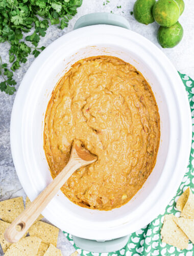 overhead shot of bean dip in slow cooker.