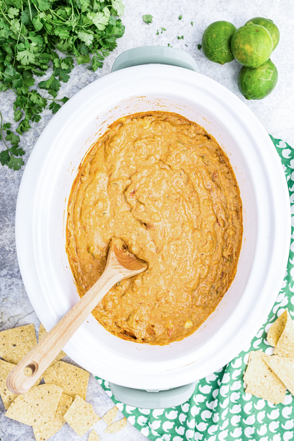 overhead shot of bean dip in slow cooker.