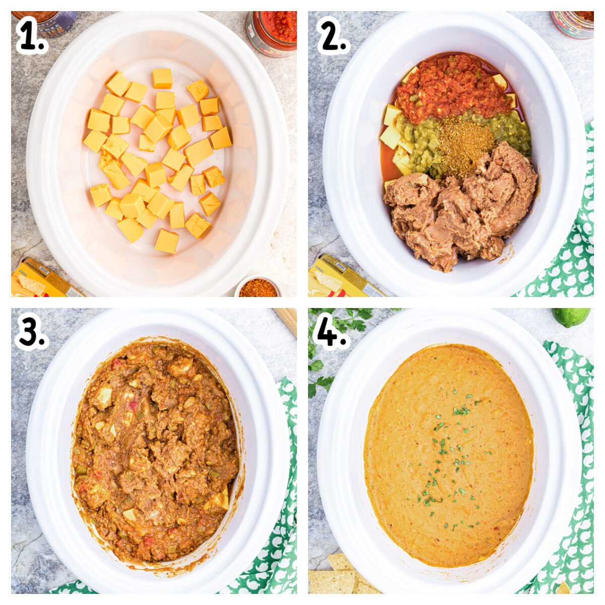 4 images showing how to make velveeta bean dip in slow cooker.