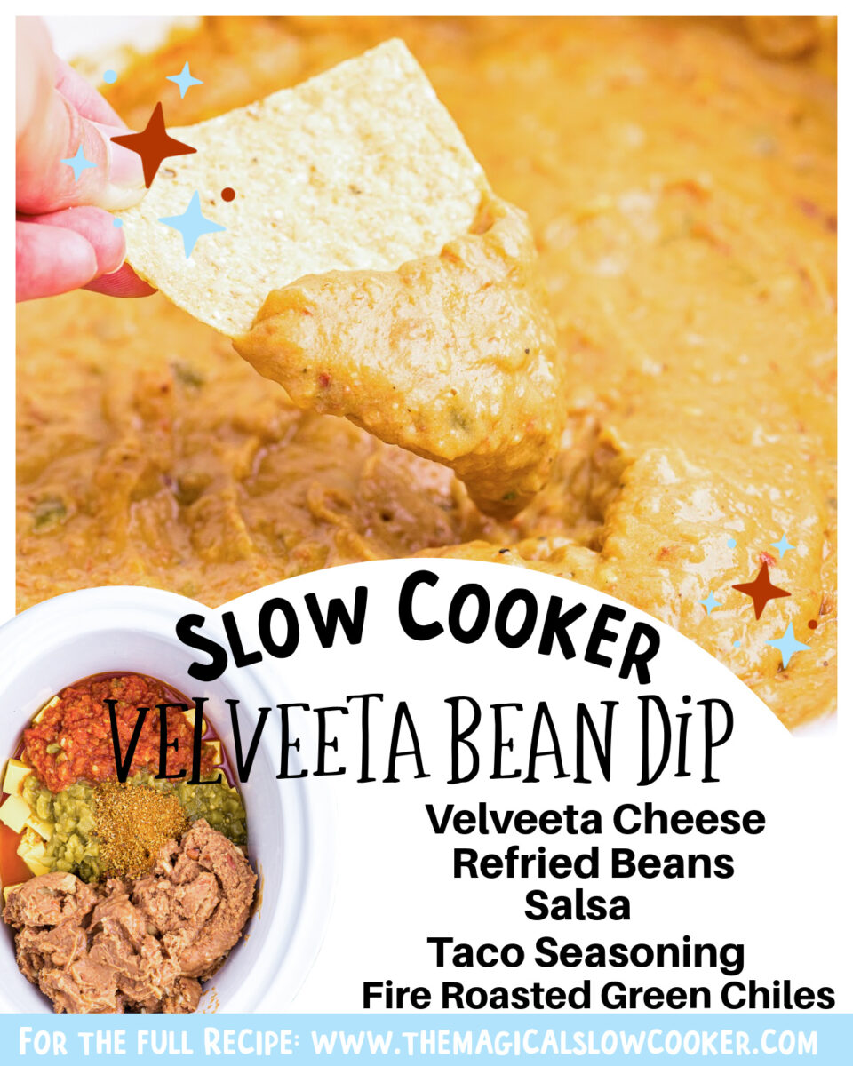 2 images of bean dip with text of what the ingredients are.