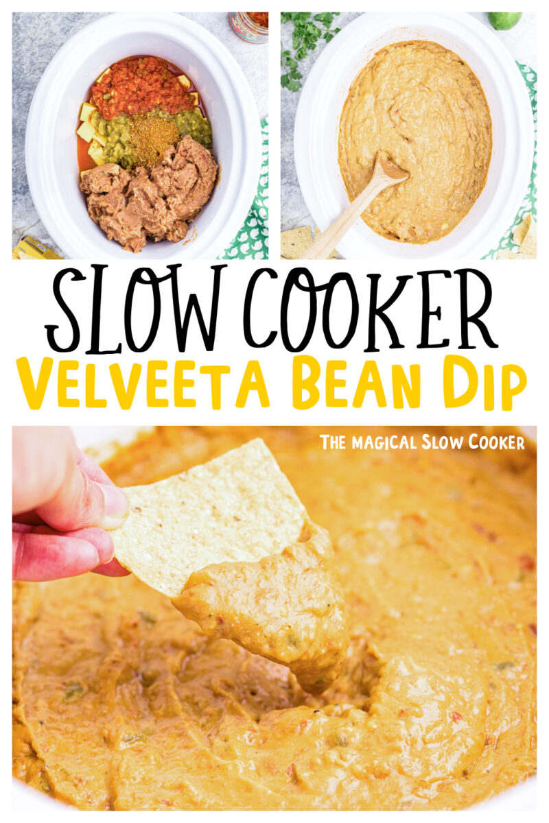 collage of velveeta bean dip images with text overlay.