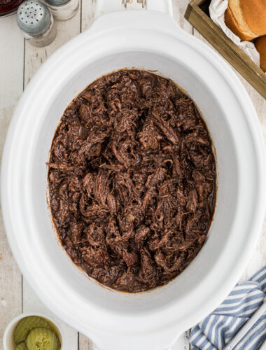 crockpot full of barbecue venison beef.