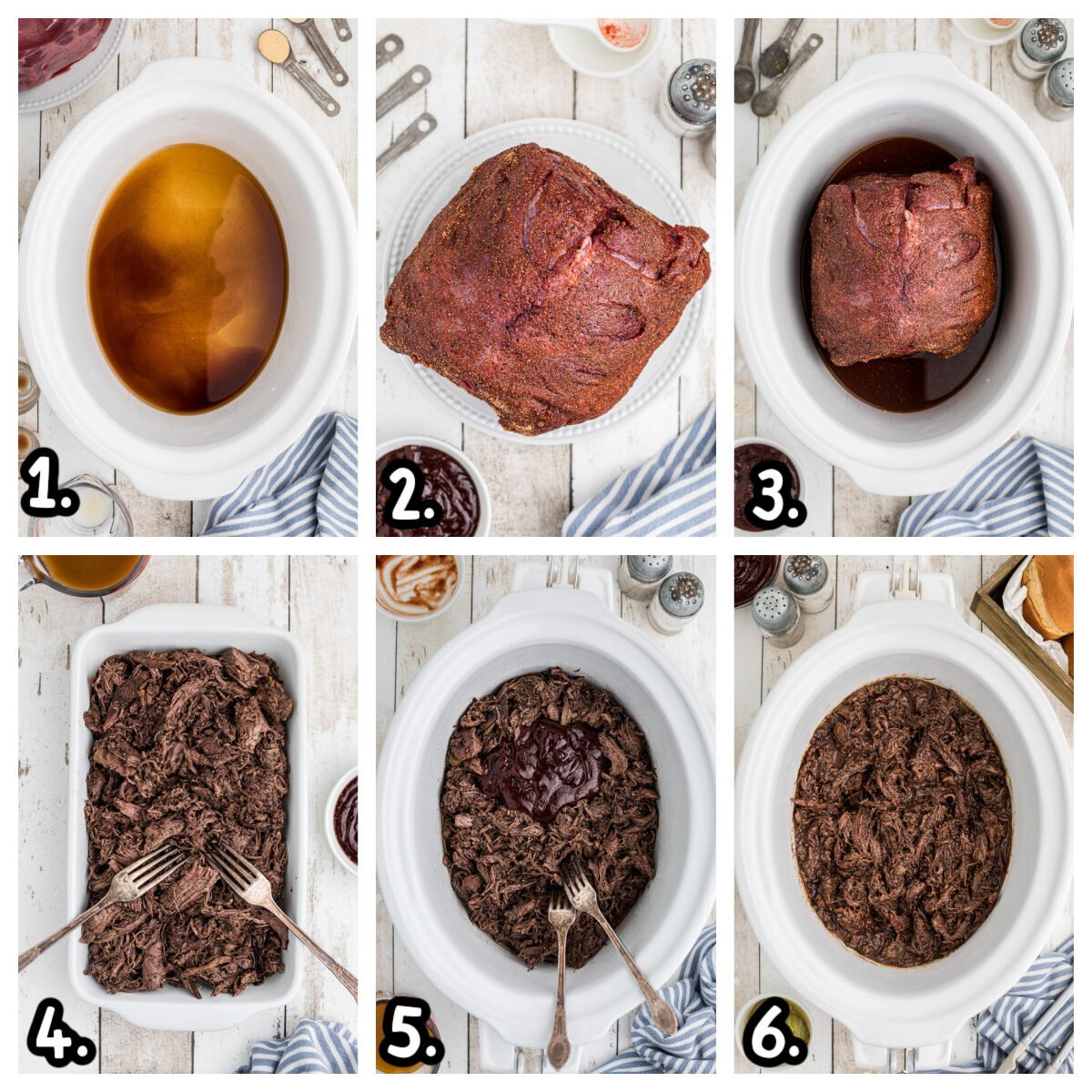 collage showing how to make venison barbecue chicken sandwiches in a crockpot.