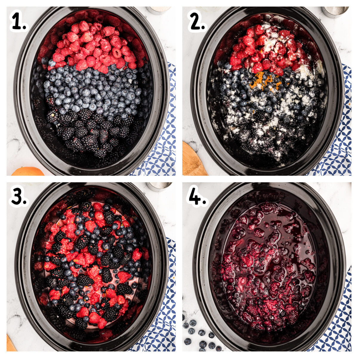 Collage on how to assemble warm berry compote in the crockpot.