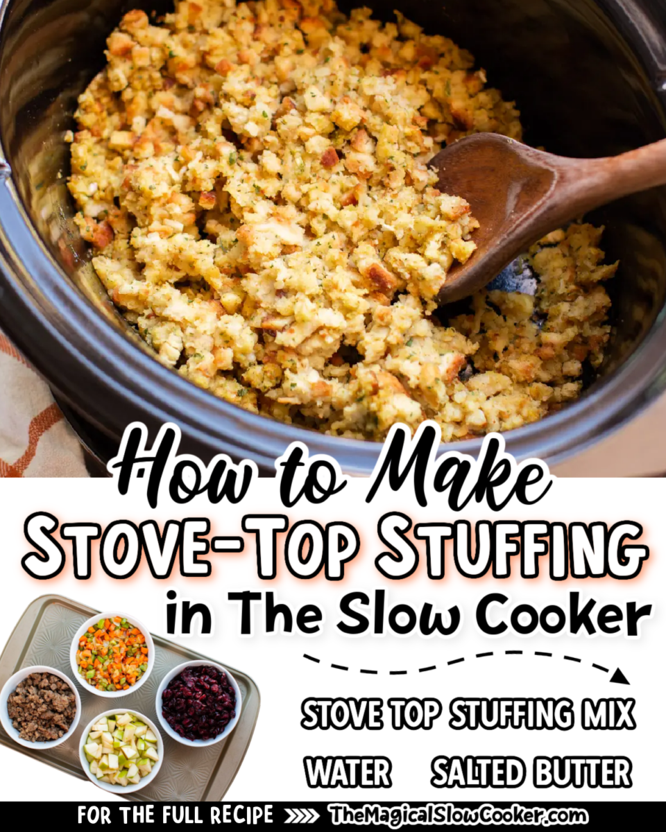 Collage of how to make stovetop stuffing with text of what the ingredients are.