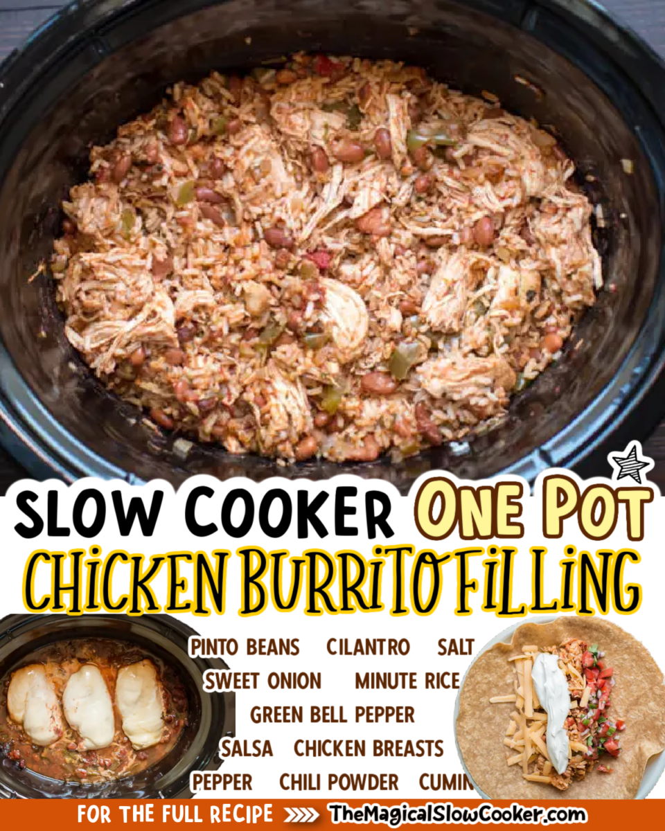 Collage of chicken burrito filling with text of what the ingredients are.
