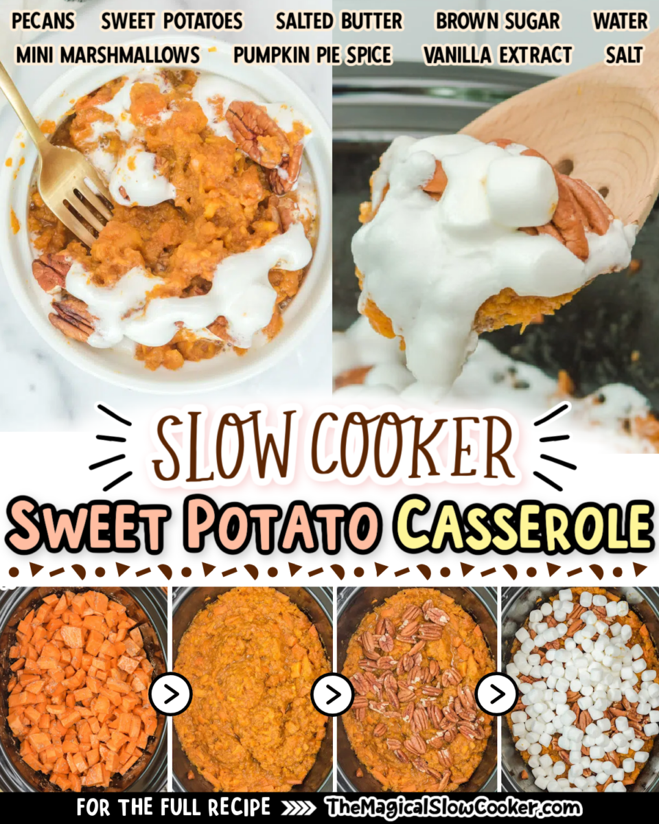 Collage of sweet potato casserole with text of what the ingredients are.