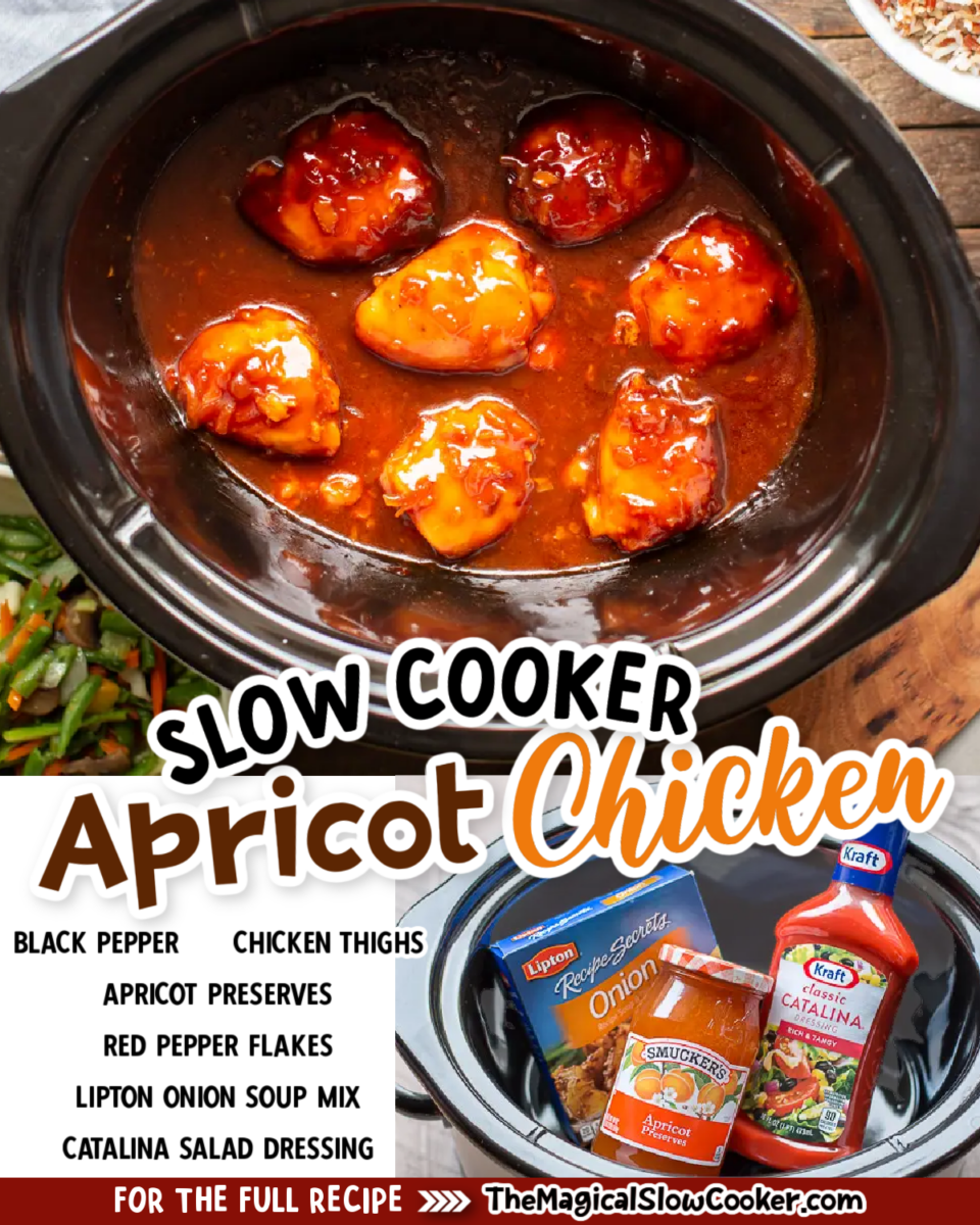 Collage of apricot chicken with text of what the ingredients are.