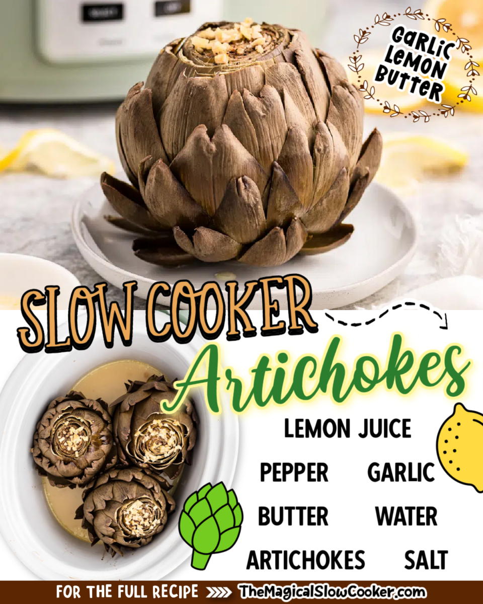 Collage of artichokes with text of what the ingredients are.