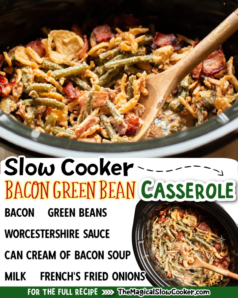 Collage of bacon green bean casserole with text of what the ingredients are.