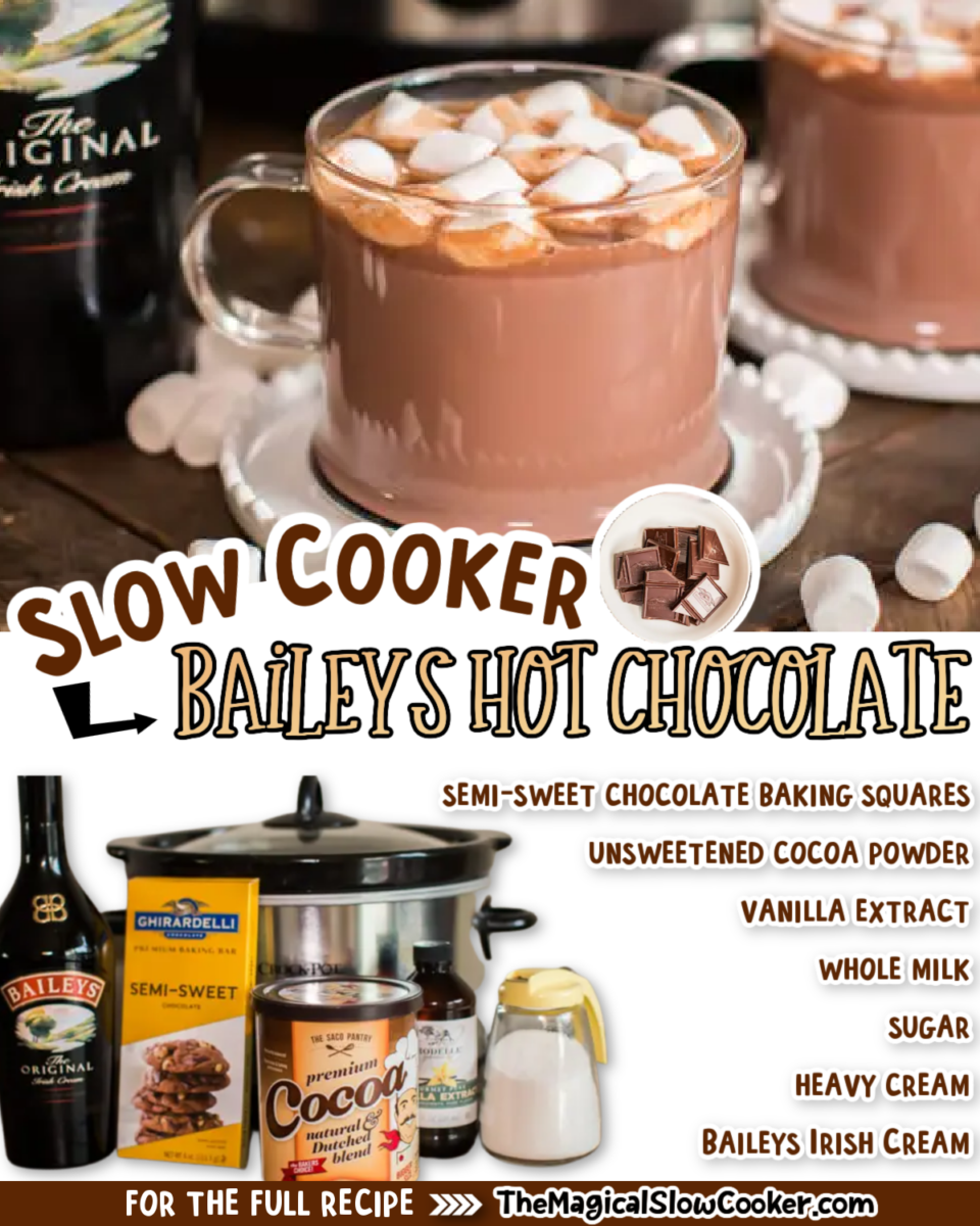 Collage of baileys hot chocolate with text of what the ingredients are.