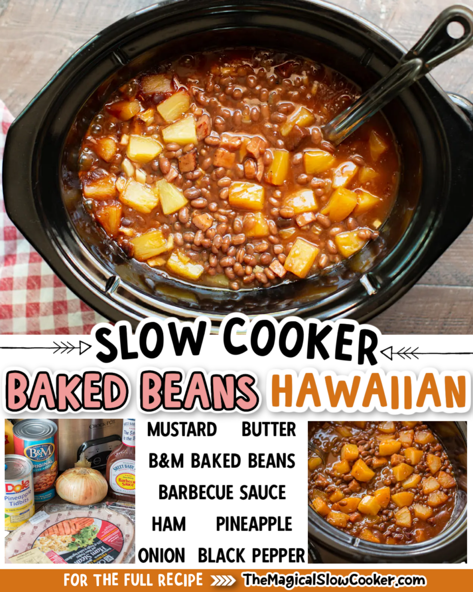 Collage of baked beans hawaiian with text of what the ingredients are.
