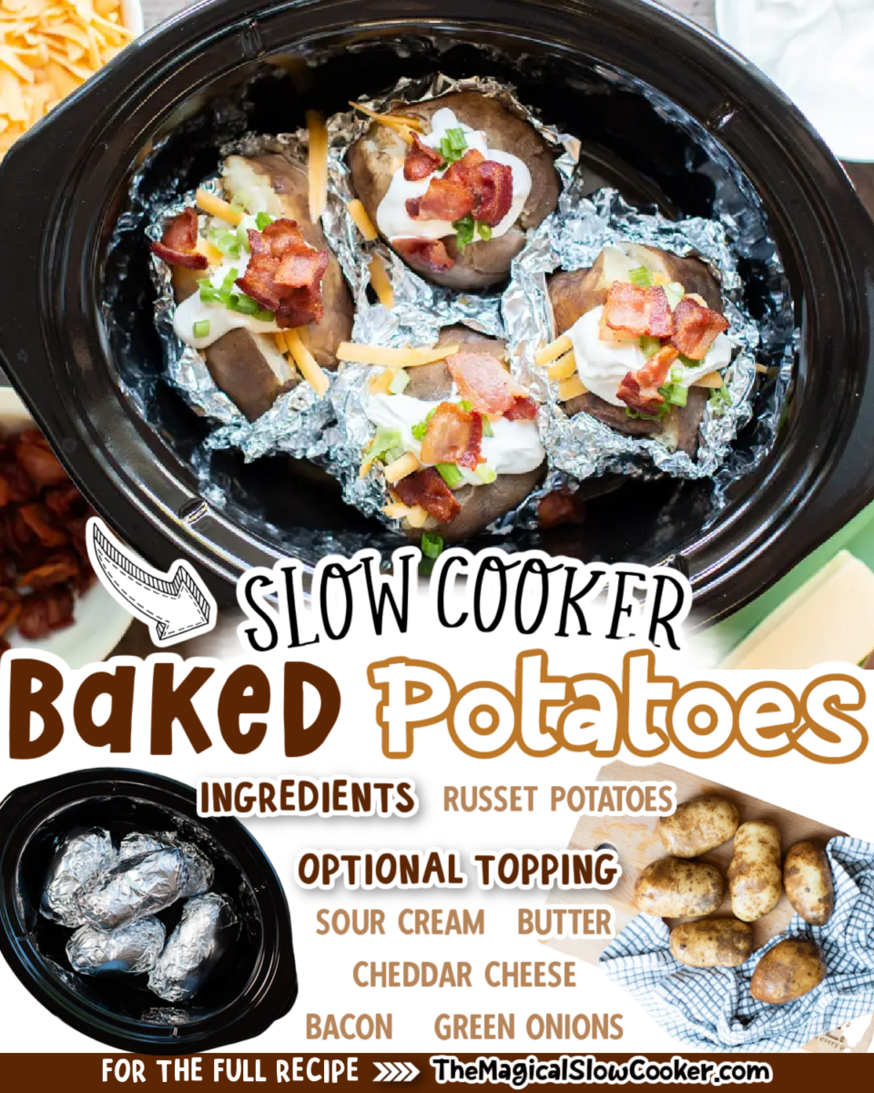 Collage of baked potatoes with text of what the ingredients are.