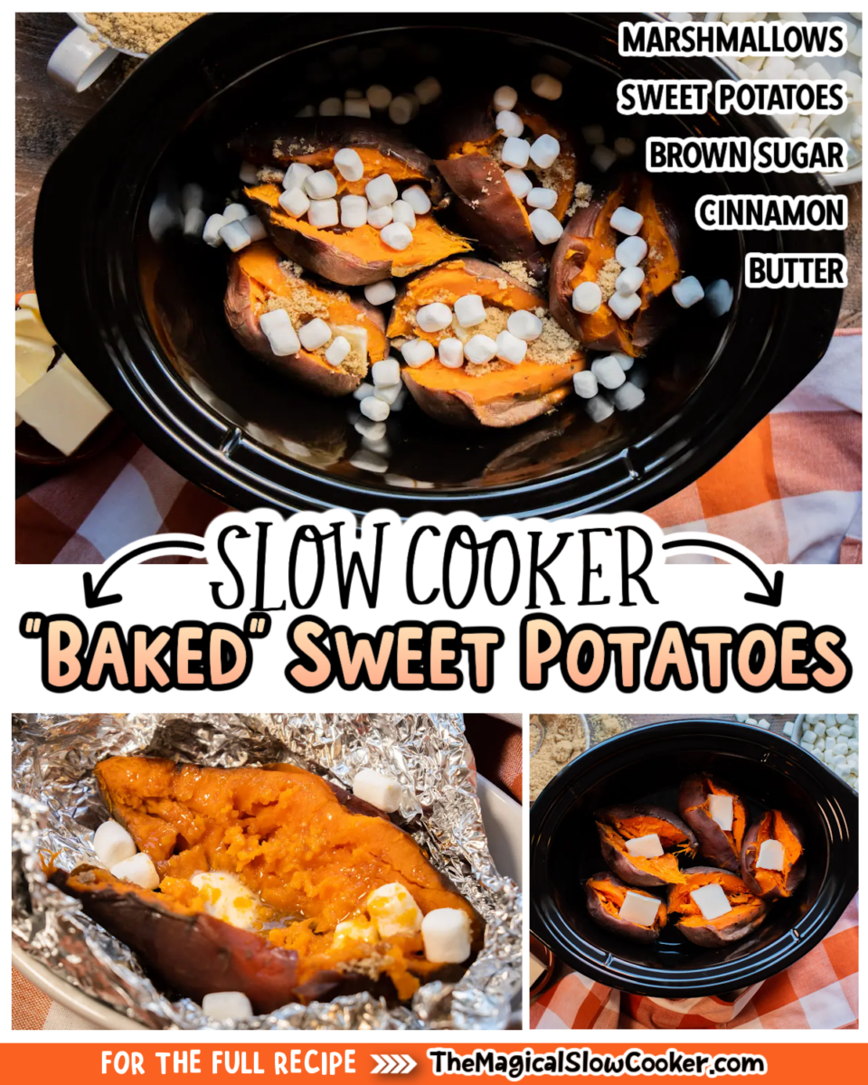Collage of baked sweet potatoes with text of what the ingredients are.