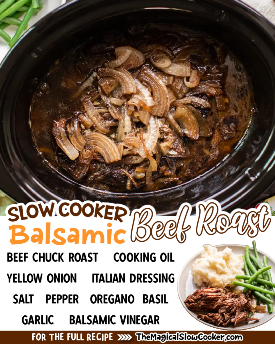 Collage of balsamic beef roast with text of what the ingredients are.