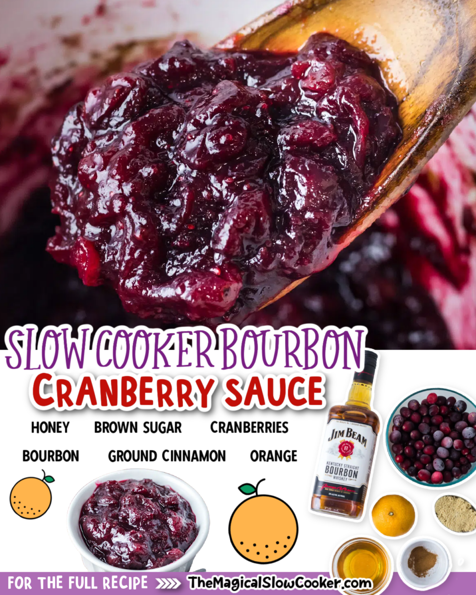 Collage of bourbon cranberry sauce with text of what the ingredients are.