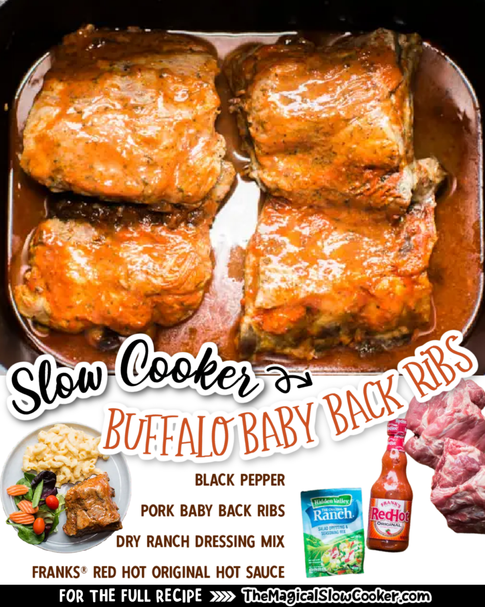 Collage of buffalo baby back ribs with text of what the ingredients are.