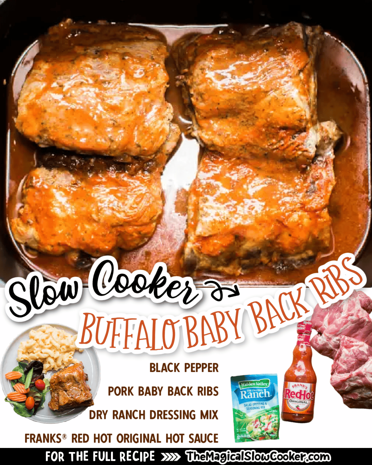 Collage of buffalo baby back ribs with text of what the ingredients are.