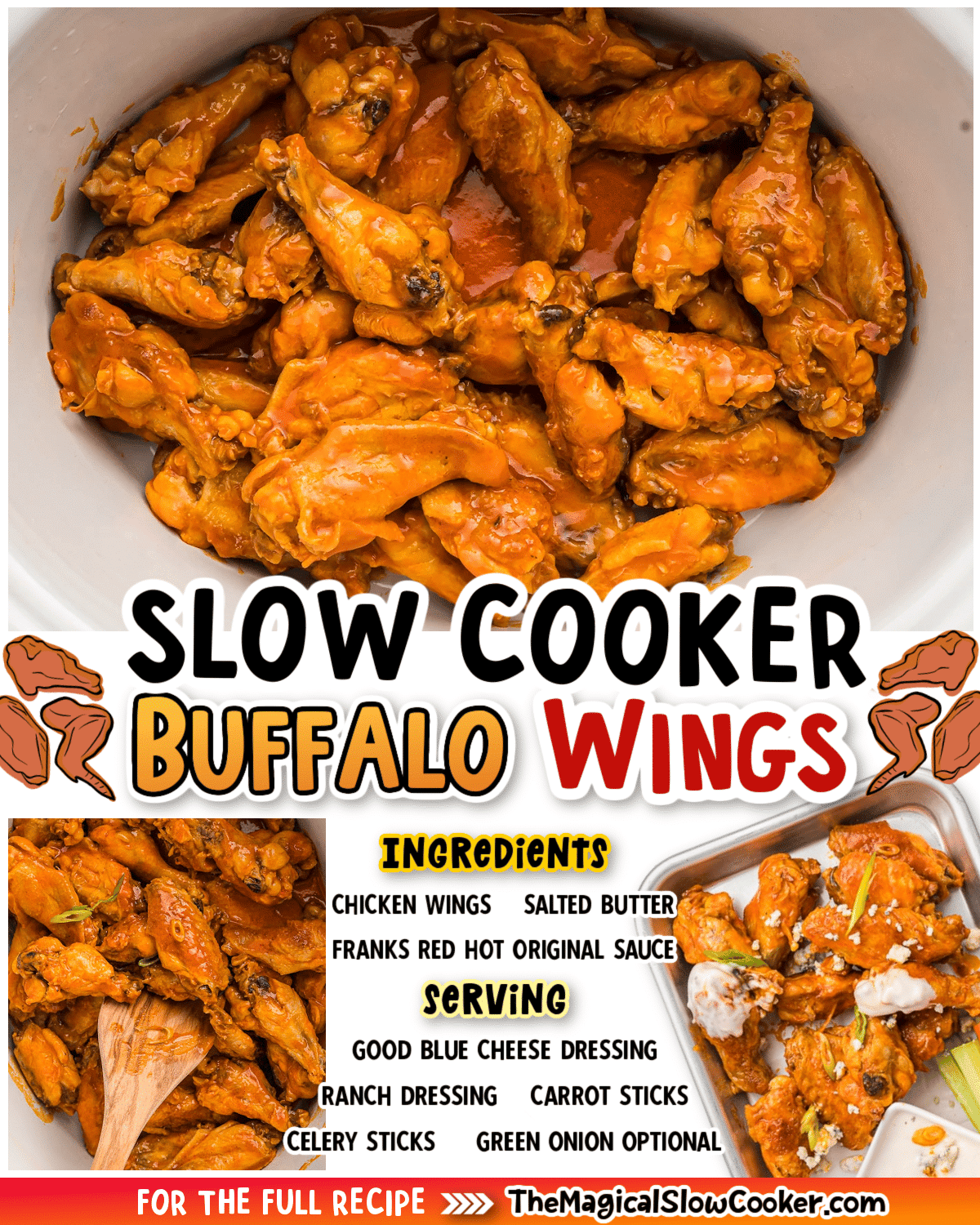Collage of buffalo wings with text of what the ingredients are.