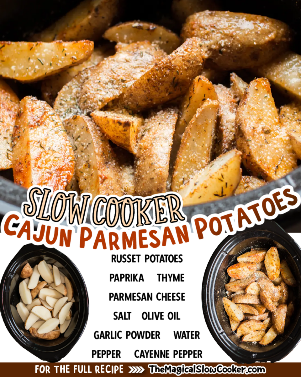 Collage of garlic parmesan potatoes with text of what the ingredients are.