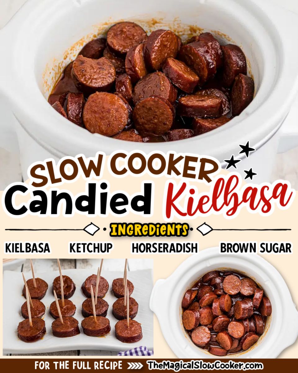 Collage of candied kielbasa with text of what the ingredients are.