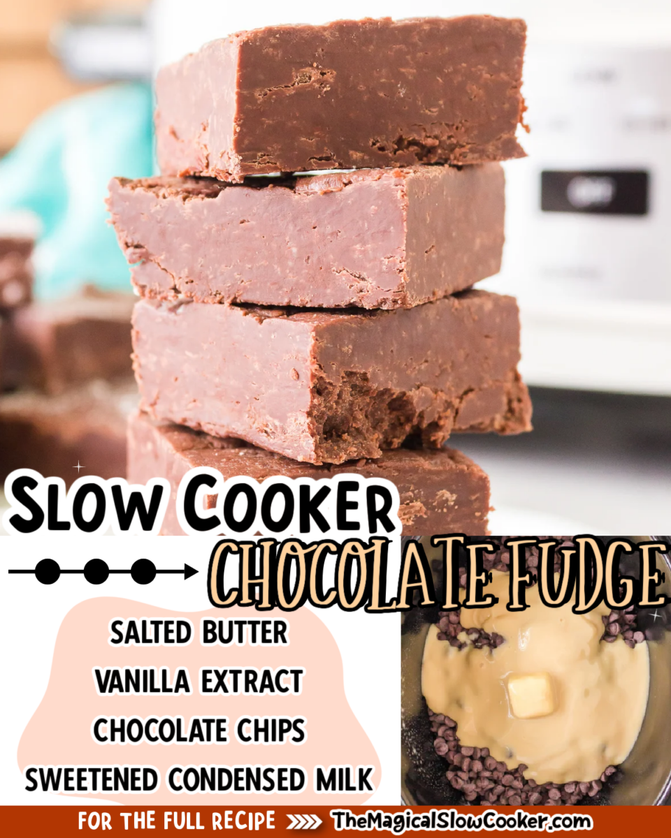 Collage of chocolate fudge with text of what the ingredients are.
