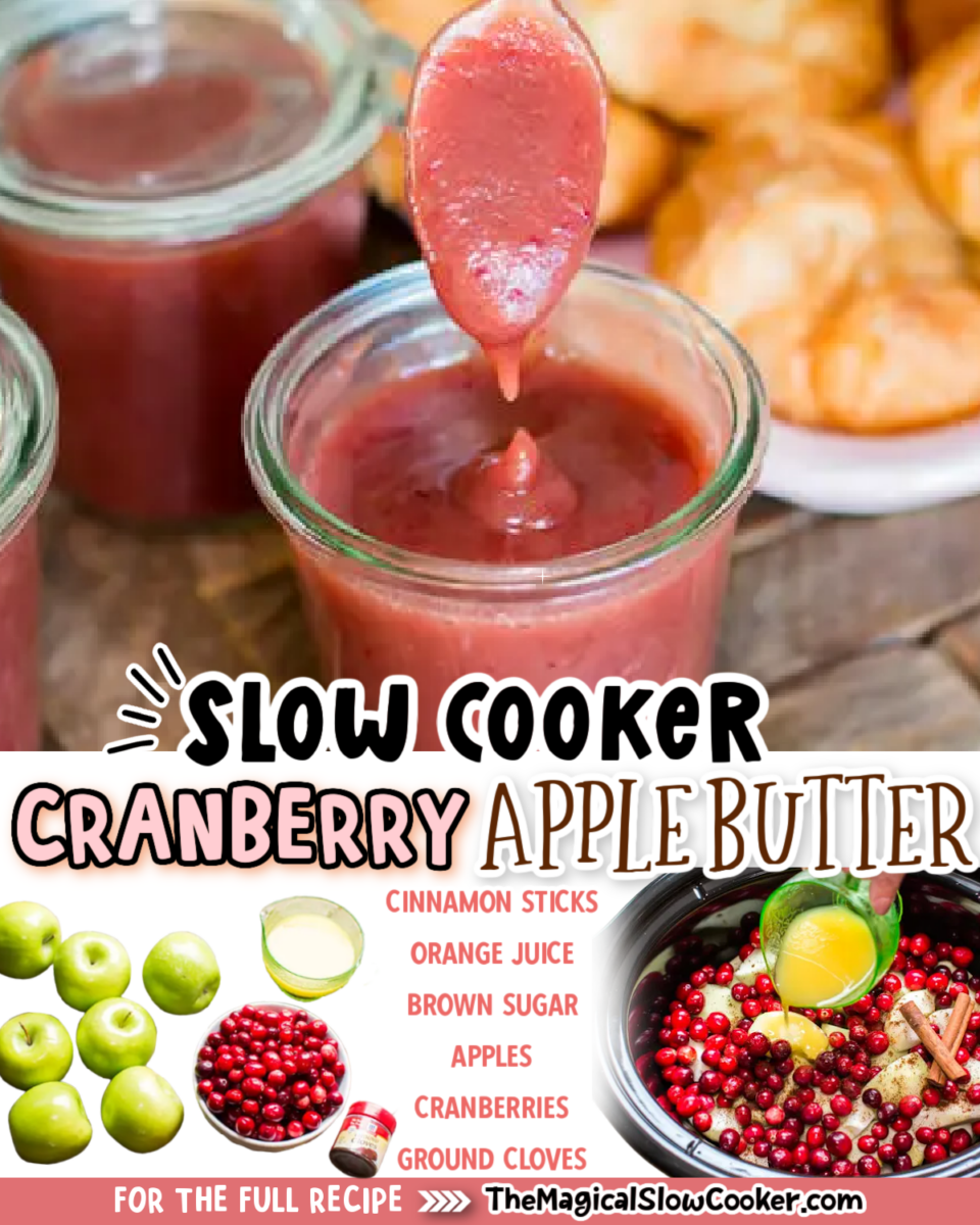 Collage of cranberry apple butter with text of what the ingredients are.